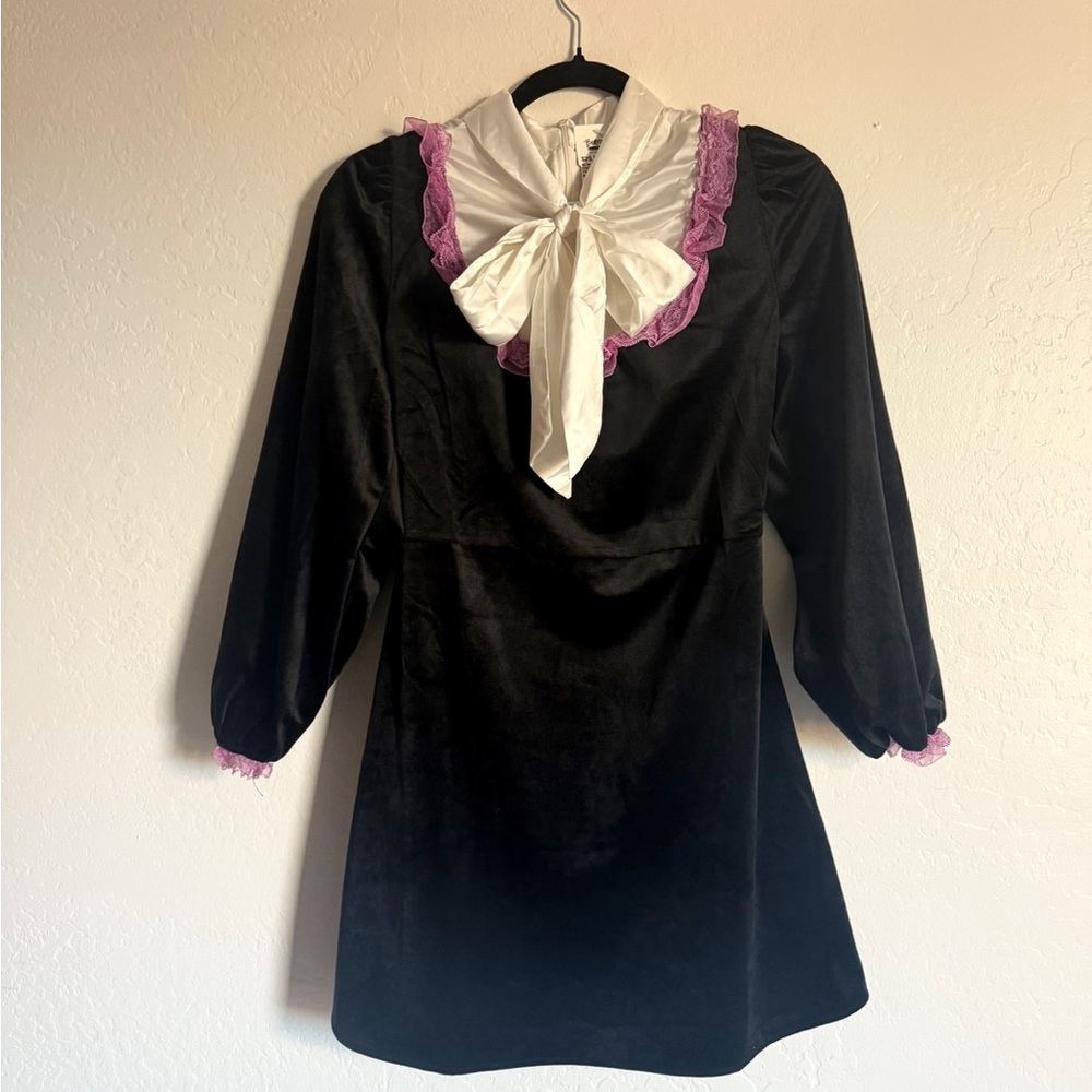 Velvet Black babydoll Dress with White Bow and Lilac Trim
